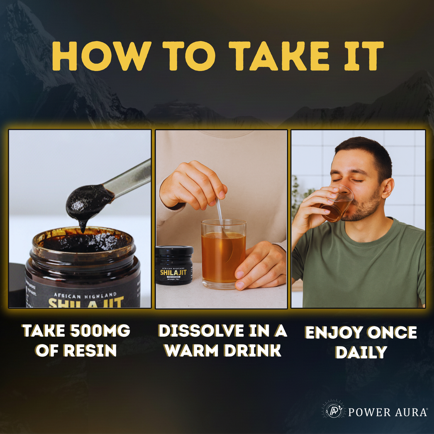 Instructions on how to use a product, including applying resin, dissolving it in a drink, and drinking it daily.