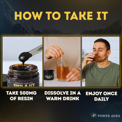 Instructions on how to use a product, including applying resin, dissolving it in a drink, and drinking it daily.
