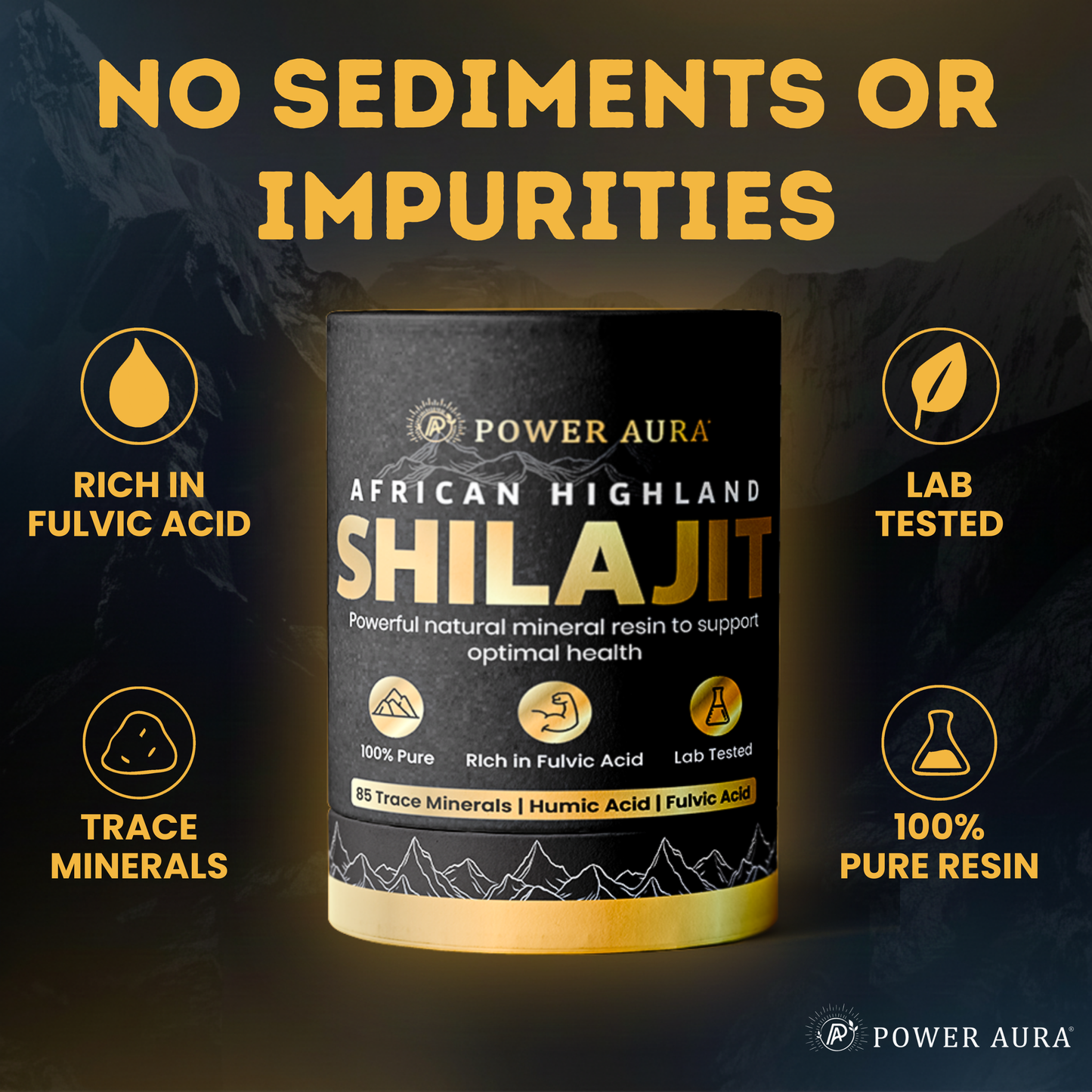 Power Aura African Highland Shilajit product with features highlighted on a dark background