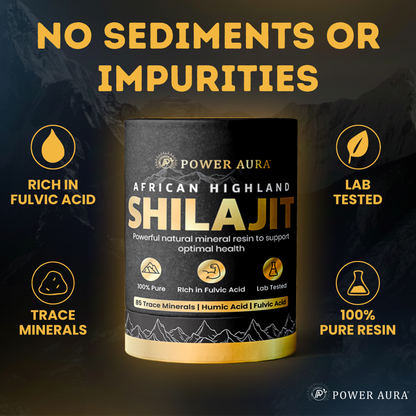 Power Aura African Highland Shilajit product with features highlighted on a dark background