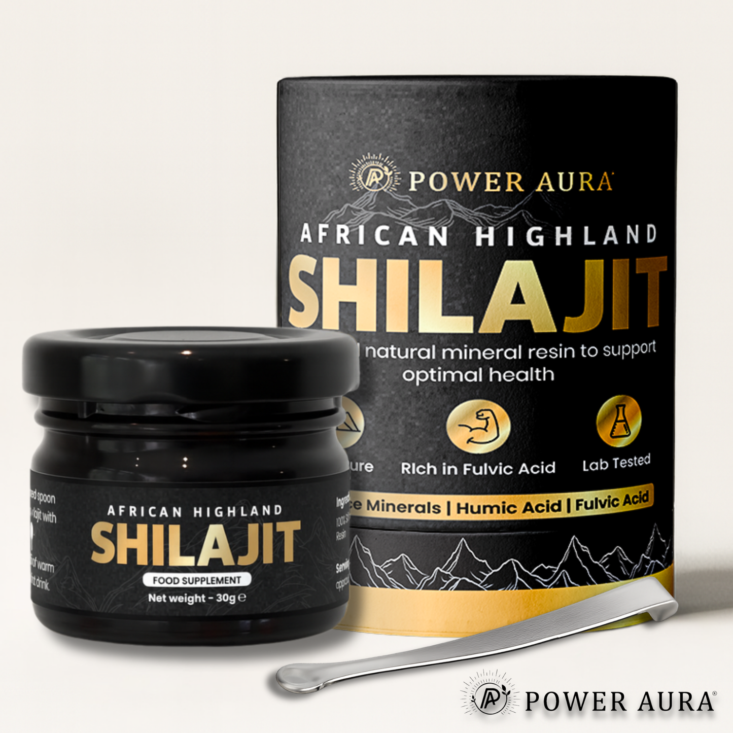 Power Aura African Highland Shilajit supplement jar and packaging on a white background