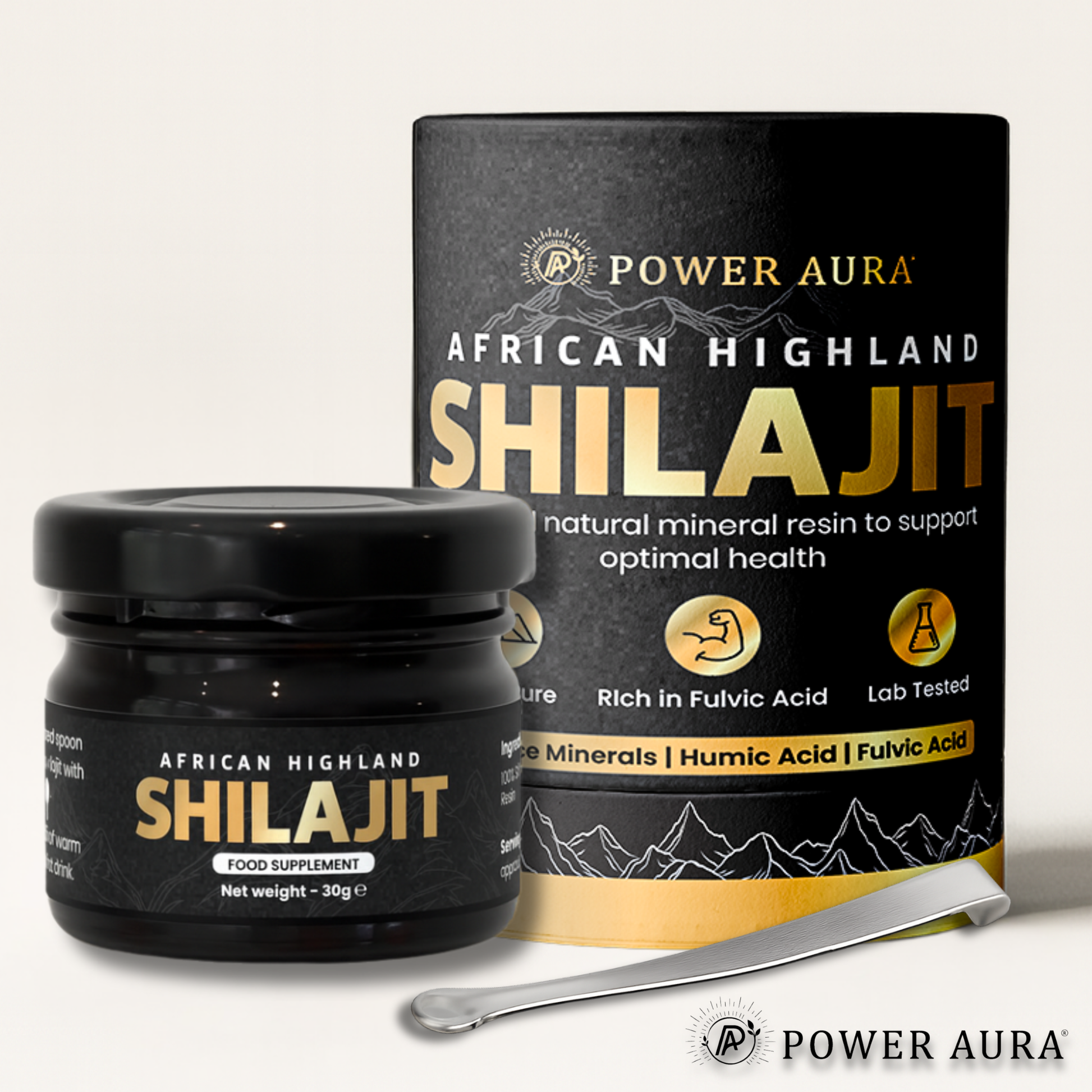 Power Aura African Highland Shilajit supplement jar and packaging on a white background