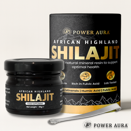 Power Aura African Highland Shilajit supplement jar and packaging on a white background