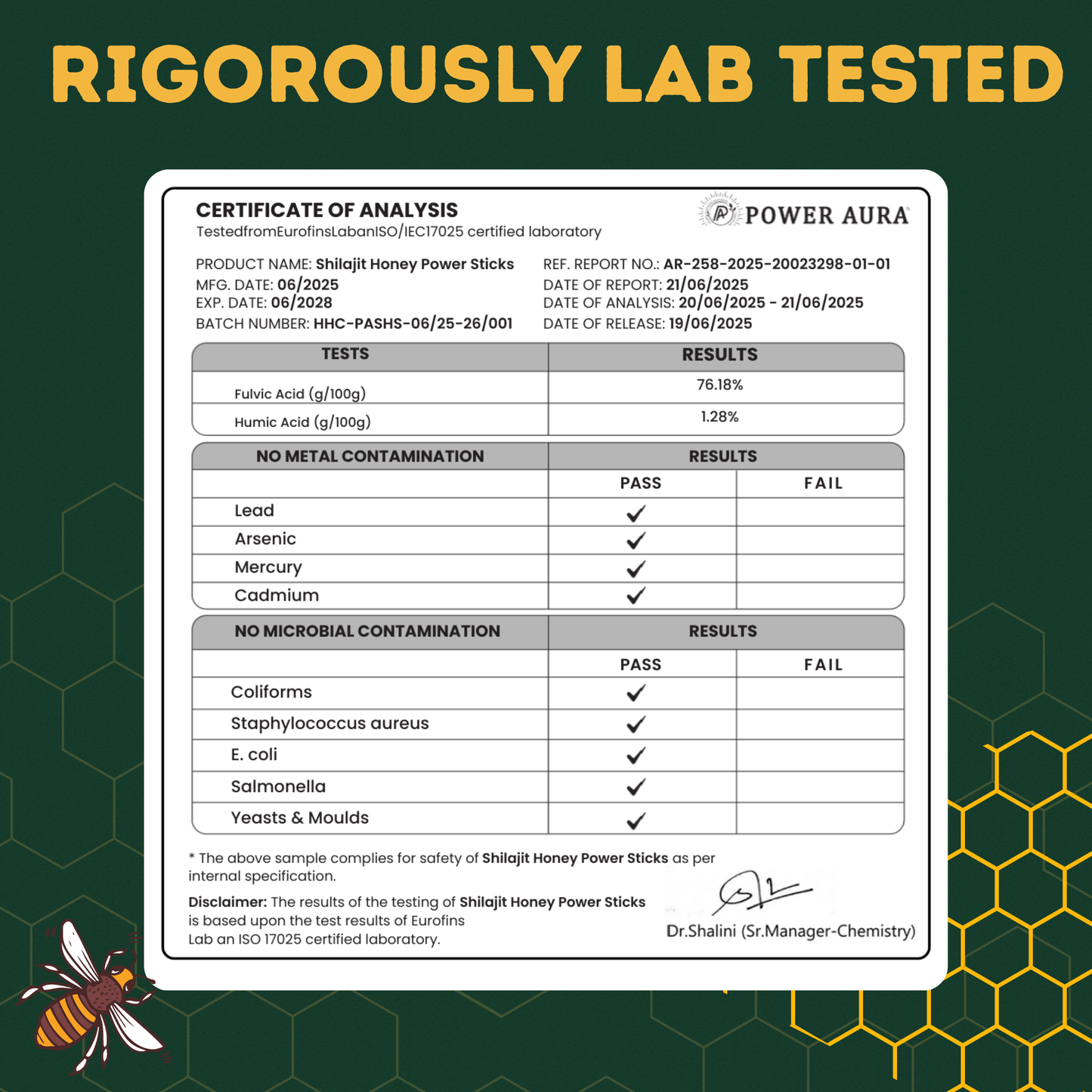 Certificate of Analysis for Shilajit Honey Power Sticks with Power Aura branding on a green background.