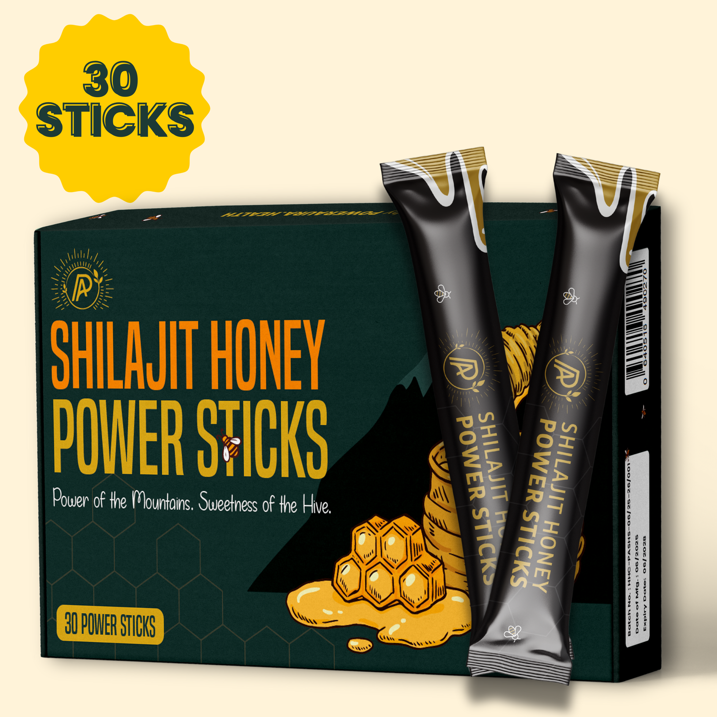 Shilajit Honey Power Sticks packaging with two sticks displayed in front of the box.