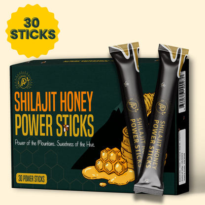 Shilajit Honey Power Sticks packaging with two sticks displayed in front of the box.