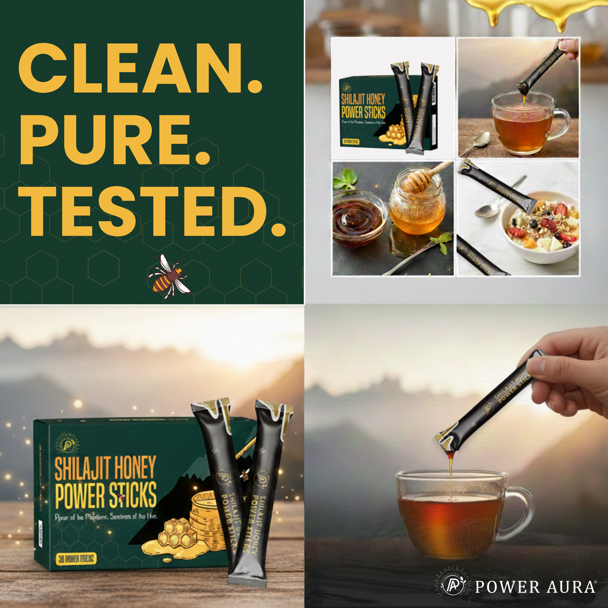 Promotional image of Shilajit Honey Power Sticks with text 'Clean. Pure. Tested.' and Power Aura branding.