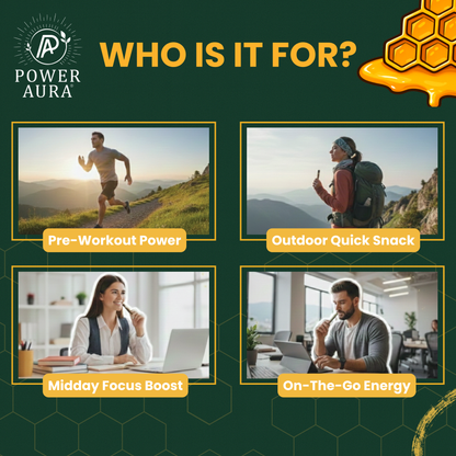 Power Aura product advertisement with lifestyle images and text on a green background