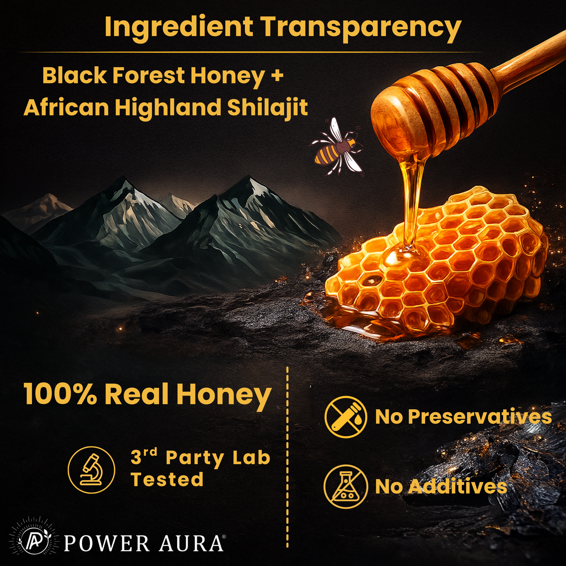 Honey being drizzled from a dipper onto a honeycomb with mountains in the background, featuring Power Aura branding.