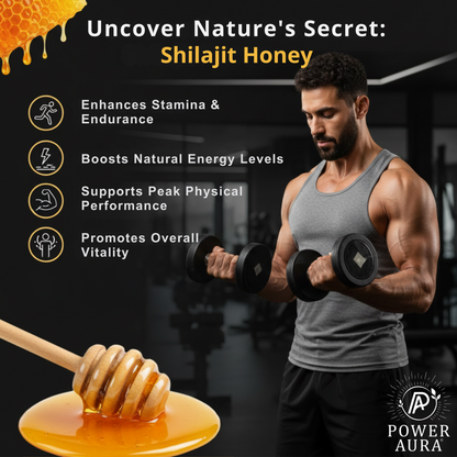 Man lifting weights with Shilajit honey and its benefits listed on a dark background