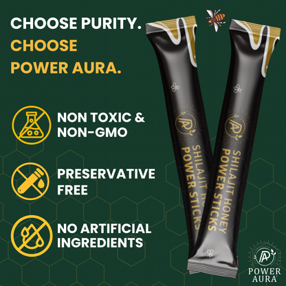 Shilajit Honey Power Sticks with Power Aura branding on a green background