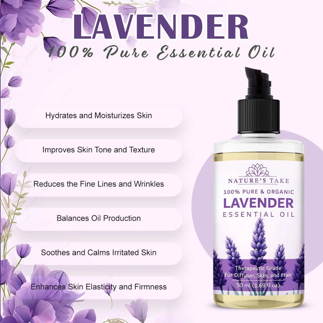 Lavender essential oil bottle with product details on a white background