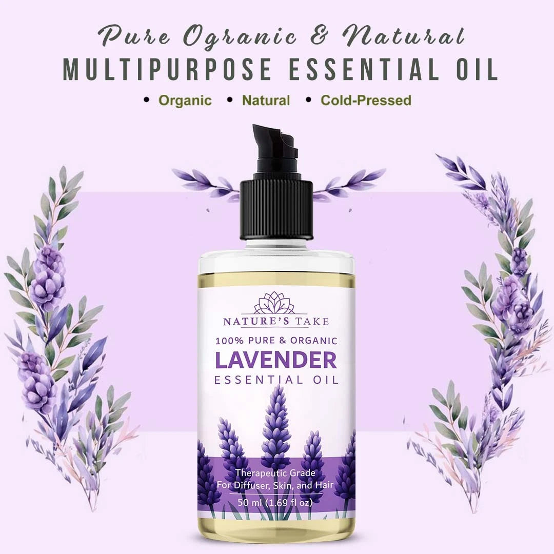 Bottle of Nature's Take lavender essential oil with lavender flowers on a purple background