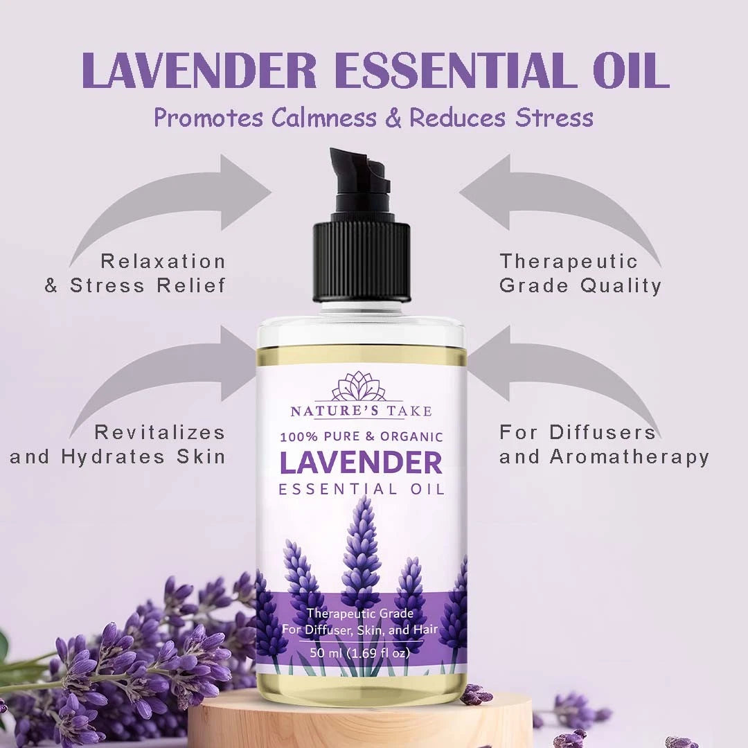 Lavender essential oil bottle with promotional text on a light purple background
