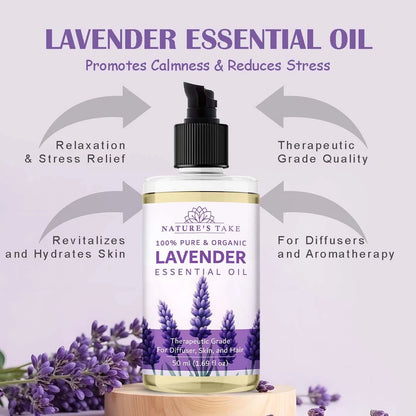 Lavender essential oil bottle with promotional text on a light purple background