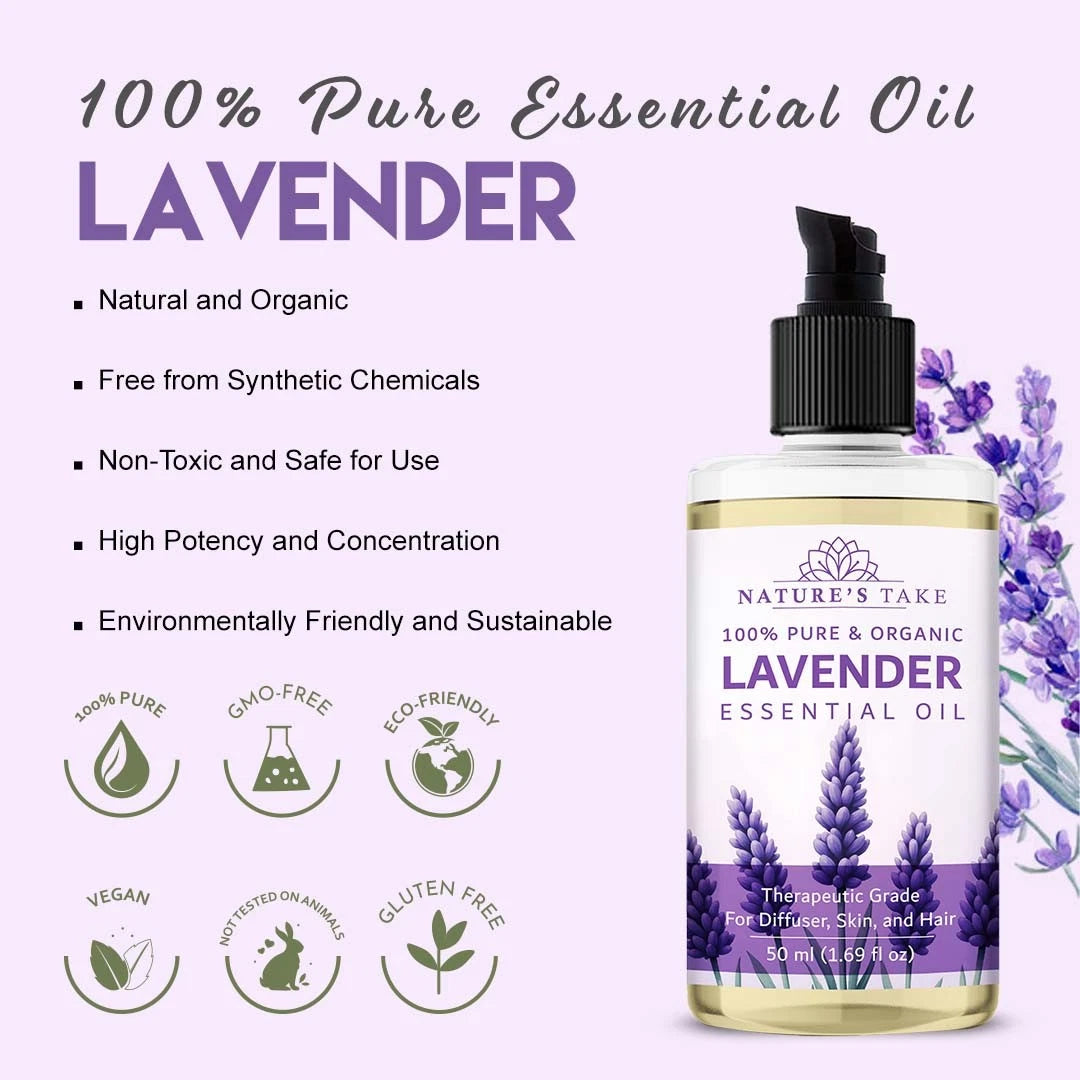 Lavender essential oil bottle with product details on a light purple background