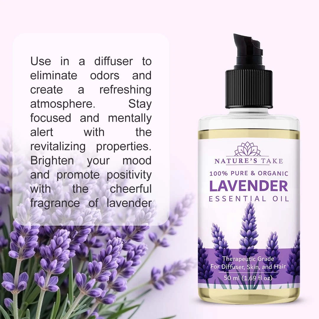 Lavender essential oil bottle with lavender flowers and text on a light purple background