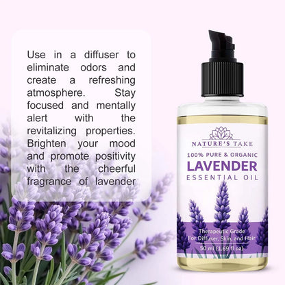 Lavender essential oil bottle with lavender flowers and text on a light purple background