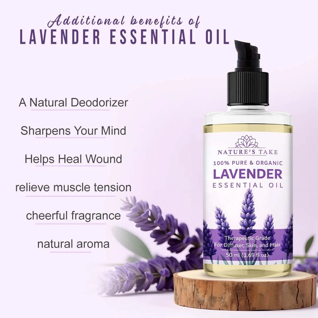 Lavender essential oil bottle with benefits listed on a light purple background