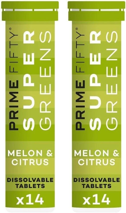 Two packages of Prime Fifty Super Greens Melon & Citrus dissolvable tablets on a white background.