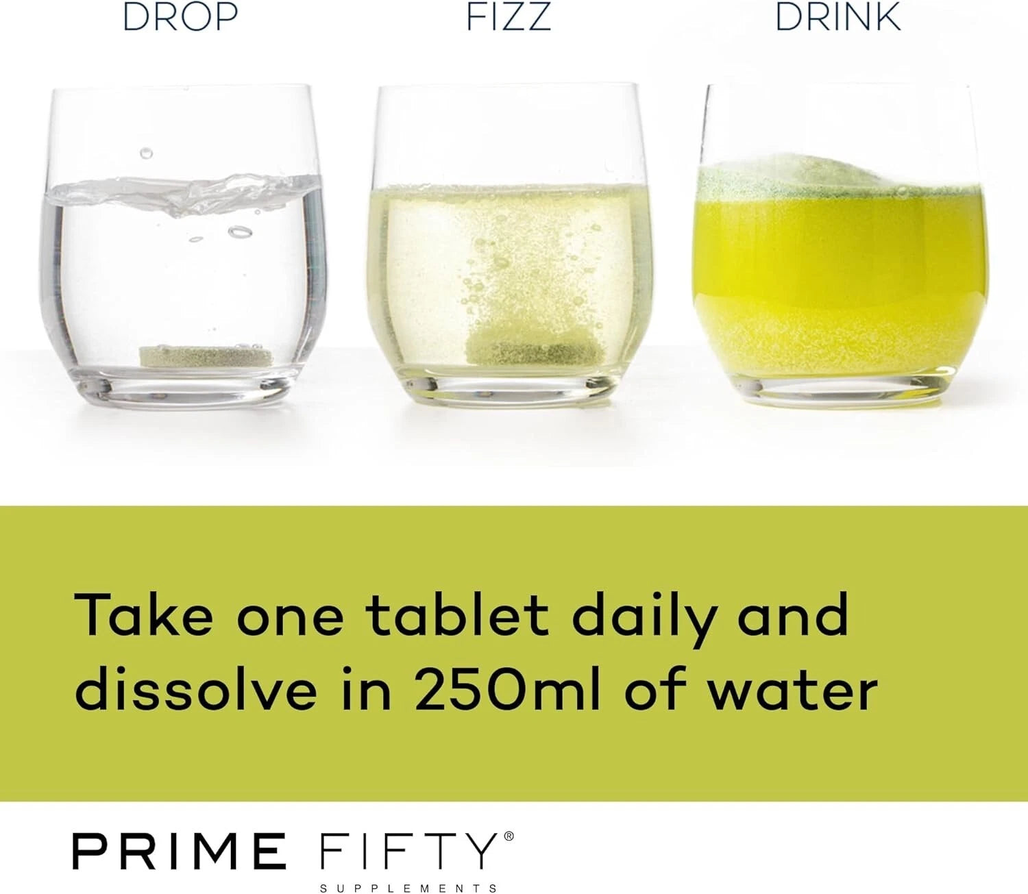 Three glasses of water with text indicating a daily supplement intake, featuring the brand 'Prime Fifty'.