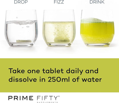 Three glasses of water with text indicating a daily supplement intake, featuring the brand 'Prime Fifty'.