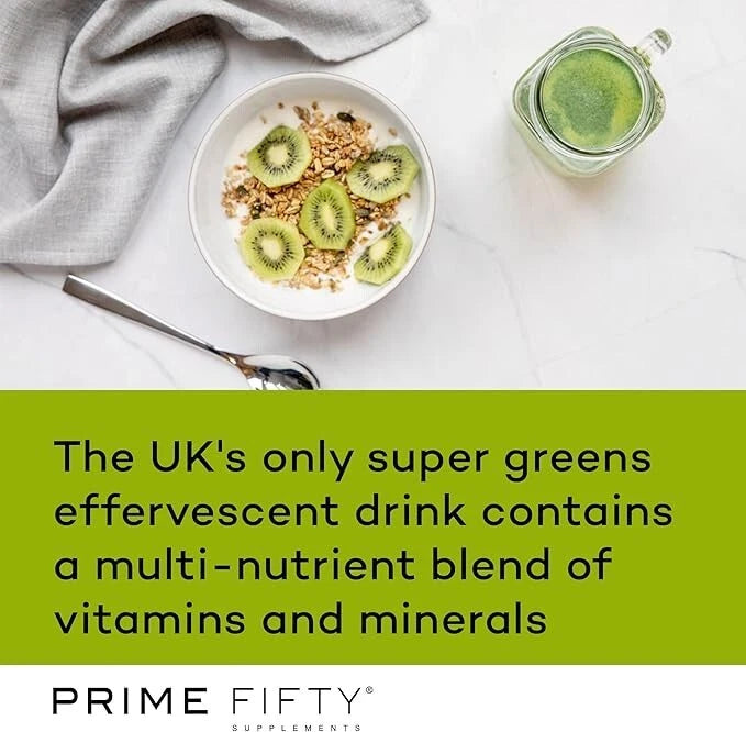 Supplement with kiwi slices on a white plate, jar of supplement, and text about Prime Fifty brand.