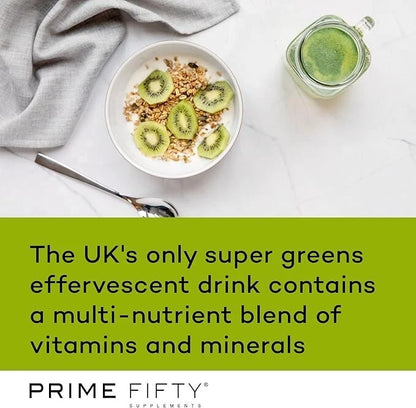 Supplement with kiwi slices on a white plate, jar of supplement, and text about Prime Fifty brand.