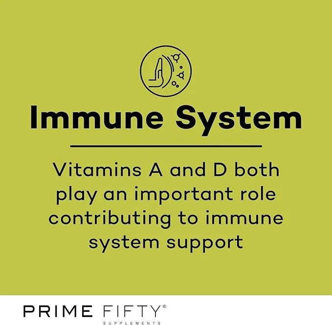 Advertisement for Prime Fifty supplements highlighting vitamins A and D for immune system support on a green background.