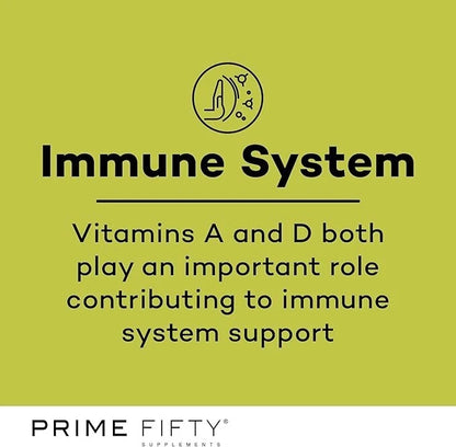 Advertisement for Prime Fifty supplements highlighting vitamins A and D for immune system support on a green background.