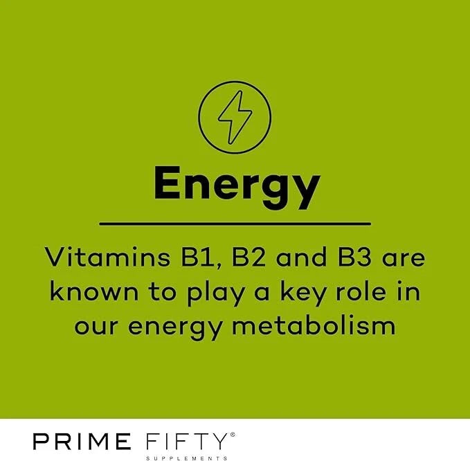 Green background with text about vitamins B1, B2, and B3 playing a key role in energy metabolism, branded as Prime Fifty.