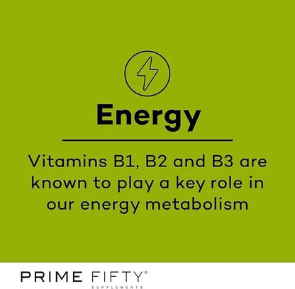 Green background with text about vitamins B1, B2, and B3 playing a key role in energy metabolism, branded as Prime Fifty.