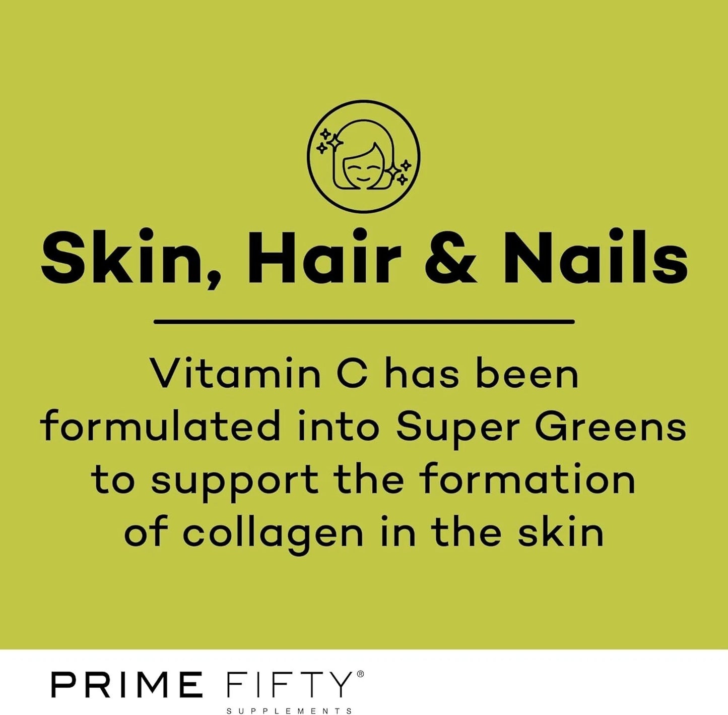 Advertisement for Prime Fifty supplements on a green background with text about Vitamin C and skin, hair, and nails.