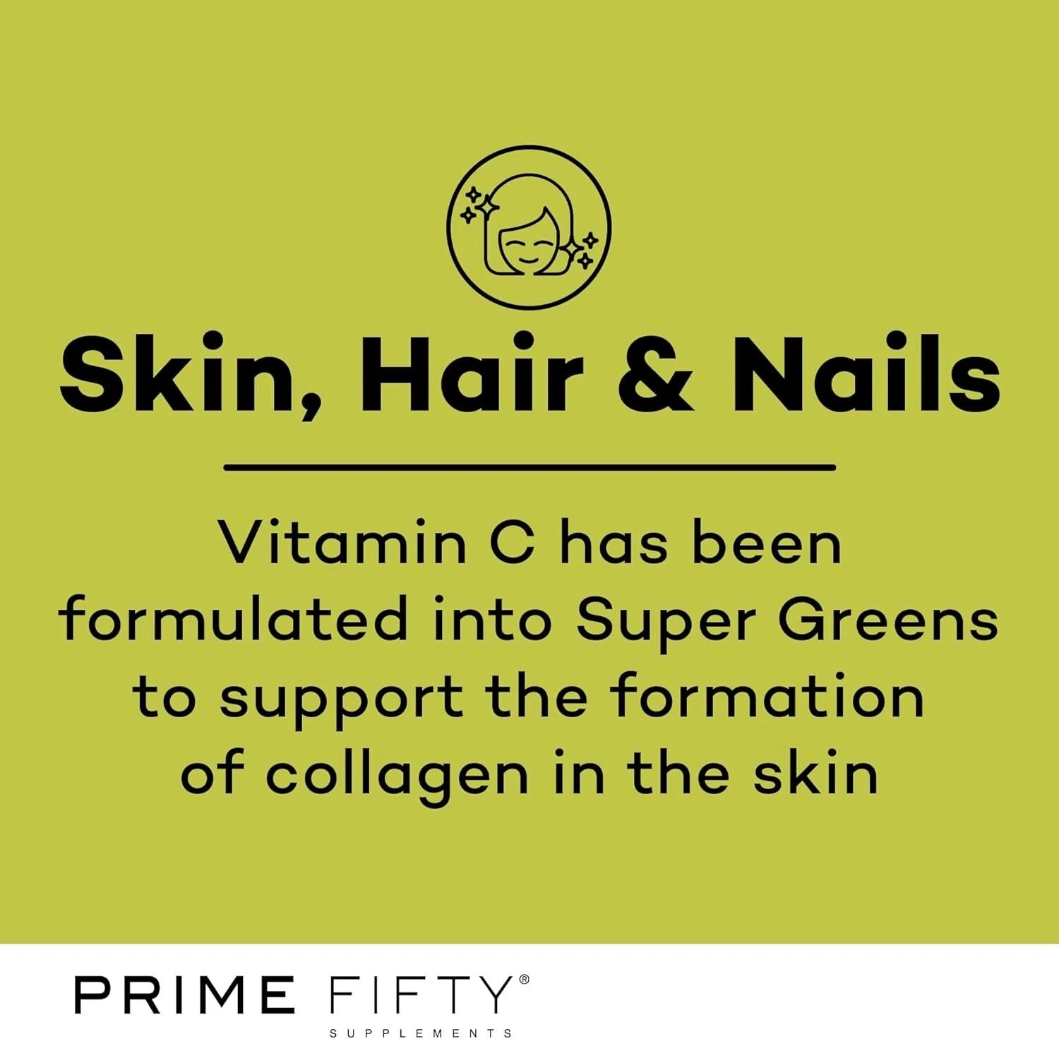 Advertisement for Prime Fifty supplements on a green background with text about Vitamin C and skin, hair, and nails.