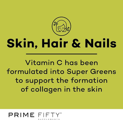 Advertisement for Prime Fifty supplements on a green background with text about Vitamin C and skin, hair, and nails.