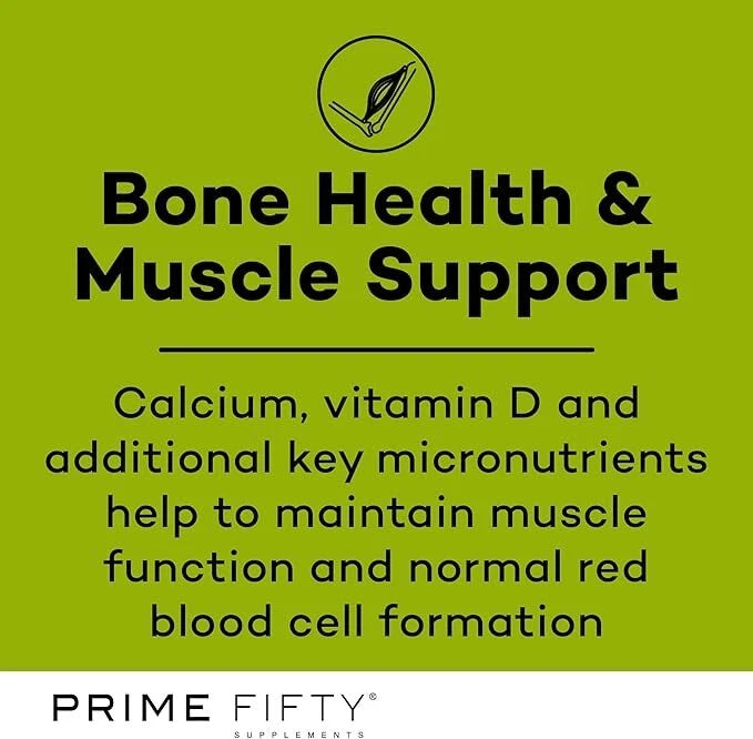 Advertisement for Prime Fifty supplements on bone health and muscle support with a green background.