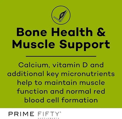 Advertisement for Prime Fifty supplements on bone health and muscle support with a green background.