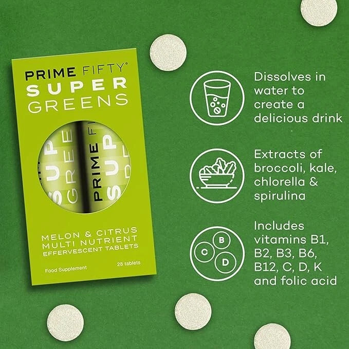 Green packaging of Prime Fifty Super Greens on a green background with product details.