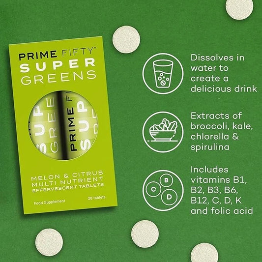 Green packaging of Prime Fifty Super Greens on a green background with product details.
