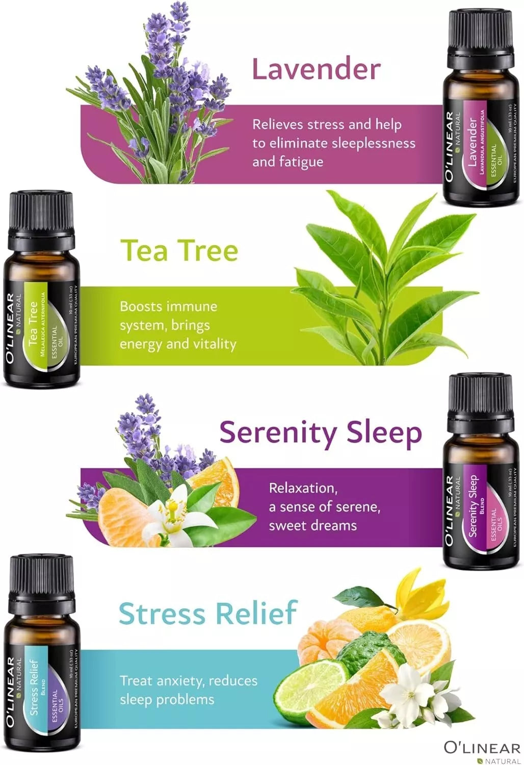 Collection of O'Linear essential oil bottles with corresponding plants and text on a white background