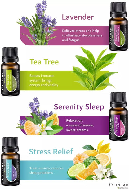 Collection of O'Linear essential oil bottles with corresponding plants and text on a white background