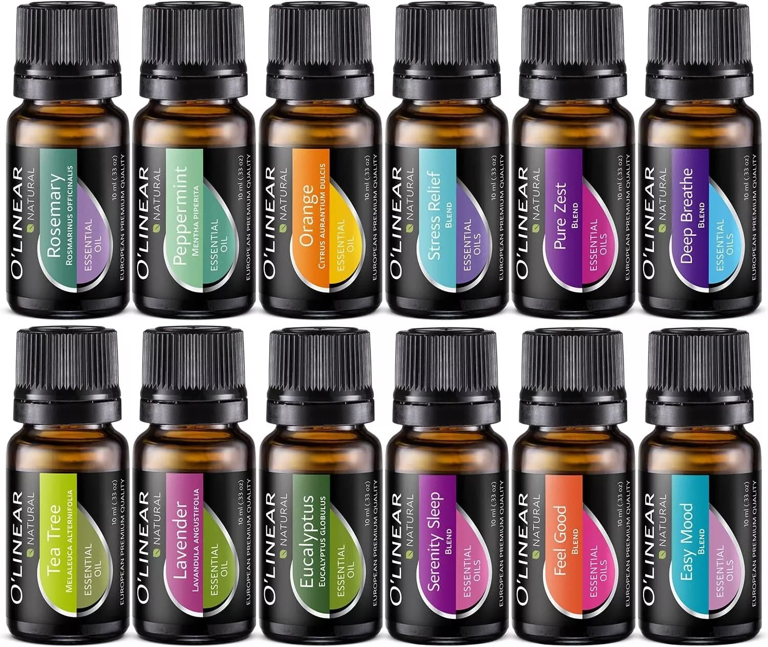 Collection of essential oil bottles with labels on a black background