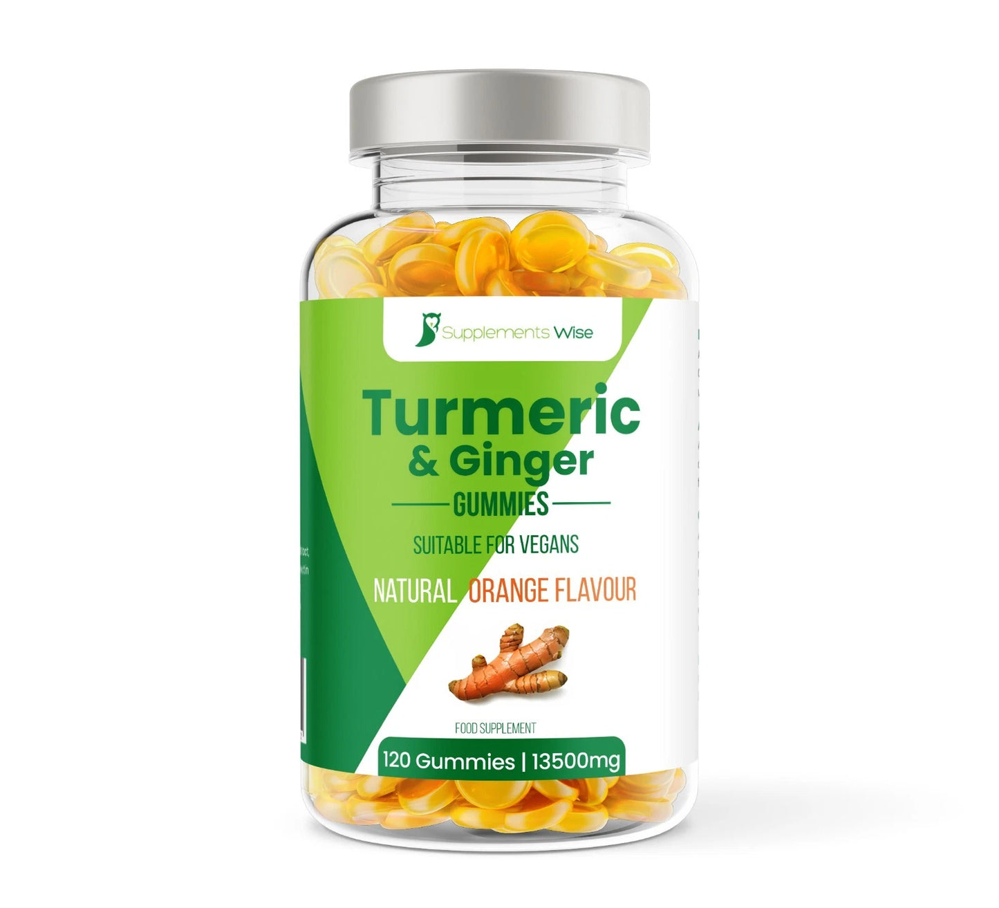 Supplement bottle labeled 'Turmeric & Ginger Gummies' with a green label on a white background