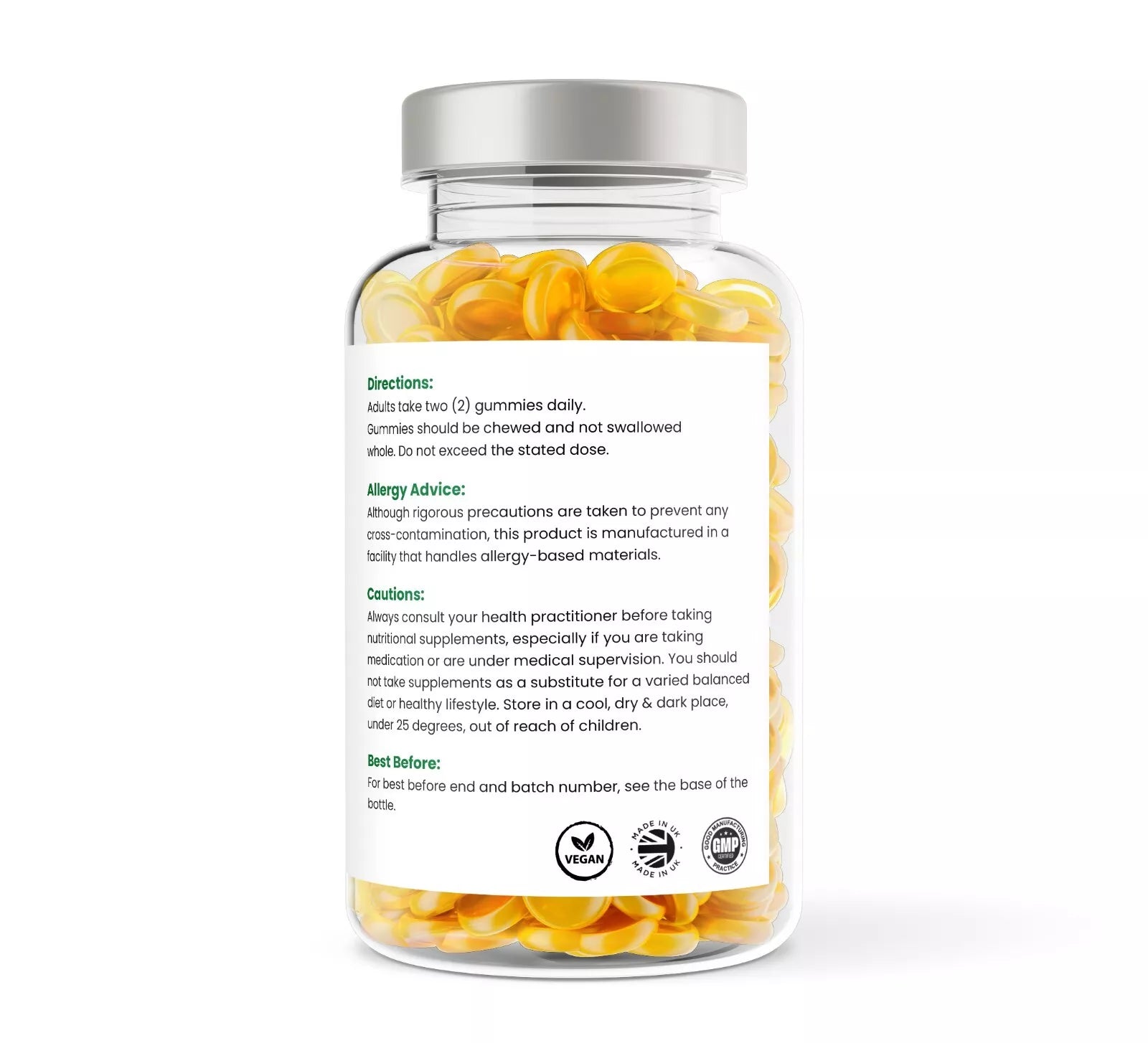 Supplement bottle with yellow gummies and label on a white background