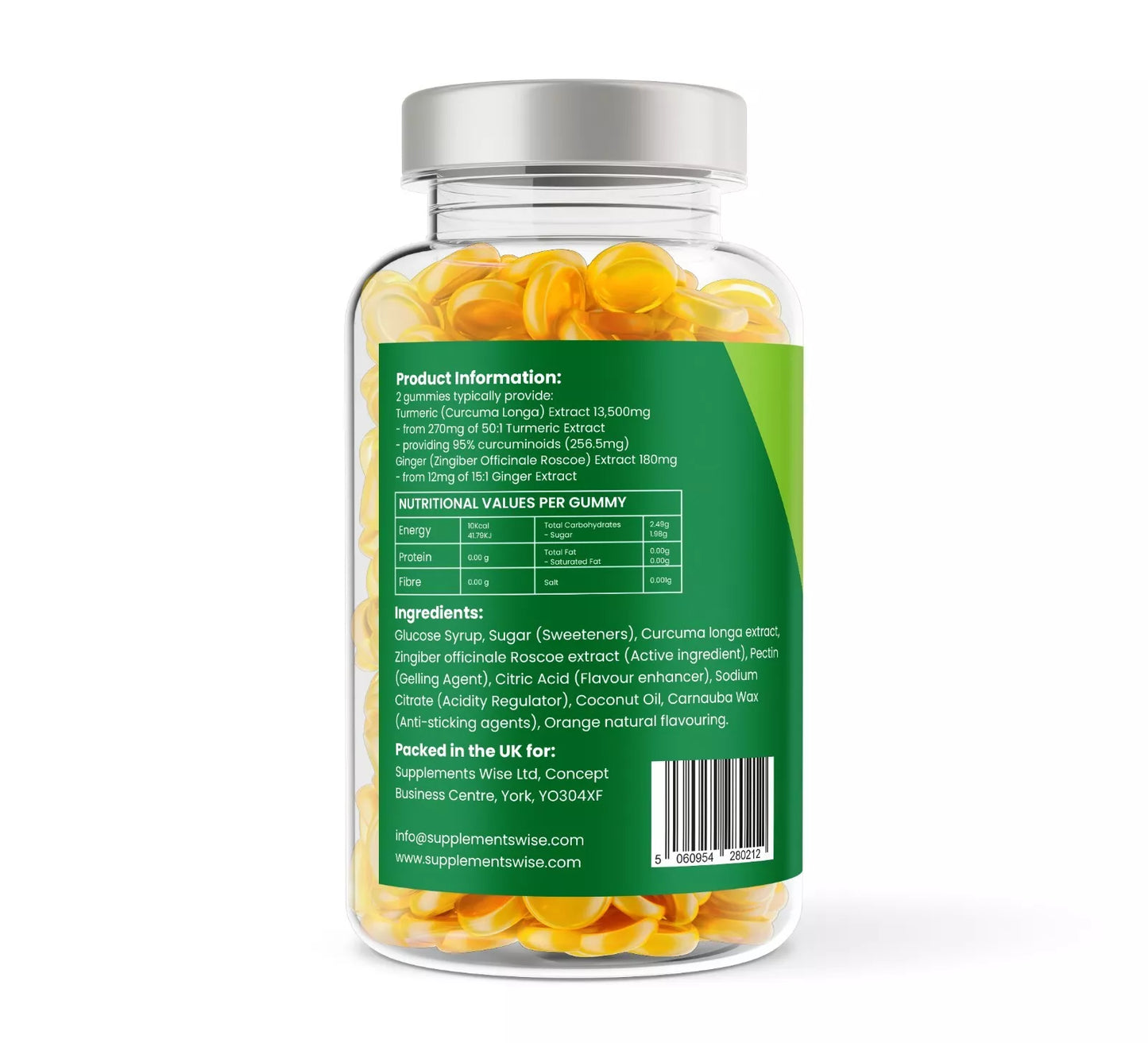 Bottle of gummy vitamins with a green label on a white background