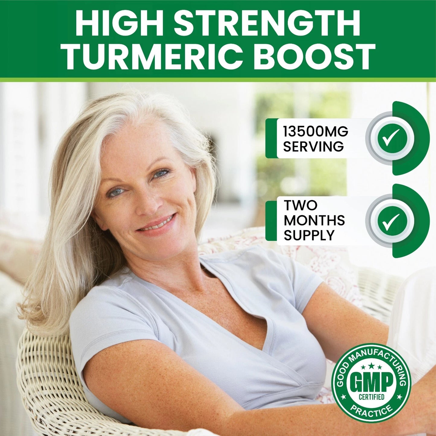 Woman sitting on a couch with text about high strength turmeric boost supplement.