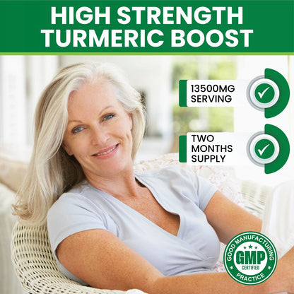 Woman sitting on a couch with text about high strength turmeric boost supplement.