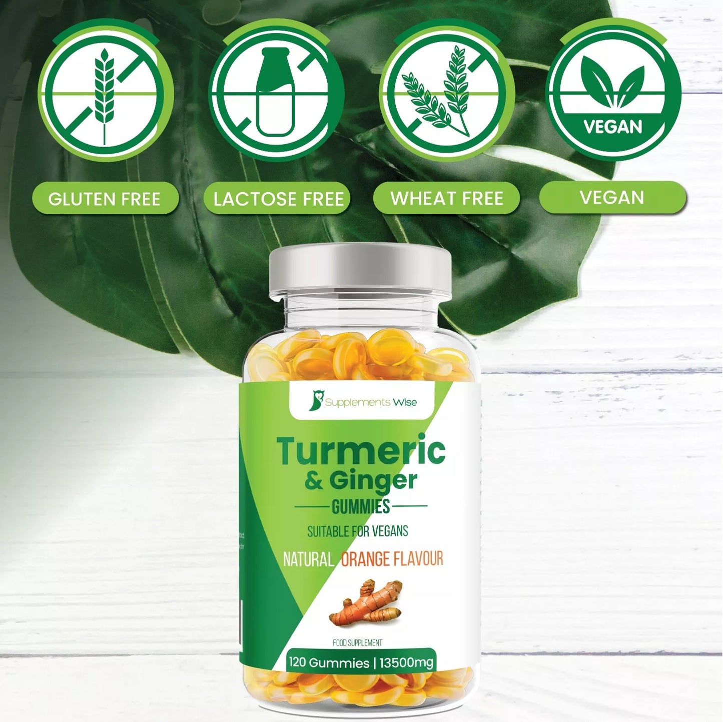 Bottle of Turmeric & Ginger Gummies with green label on a white background