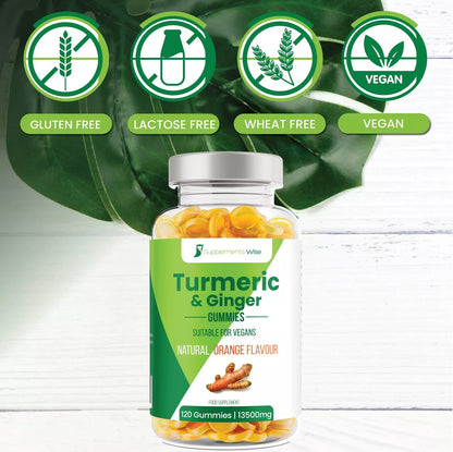 Bottle of Turmeric & Ginger Gummies with green label on a white background