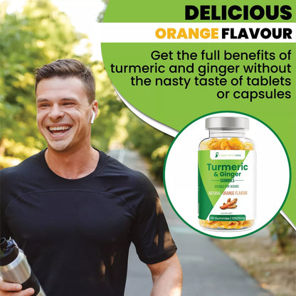 Man outdoors holding a supplement bottle with text about turmeric and ginger benefits.